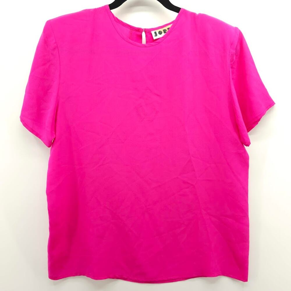 100% Silk Hot Pink Blouse Shoulder Pads Short Sleeve 9/10 Jordan